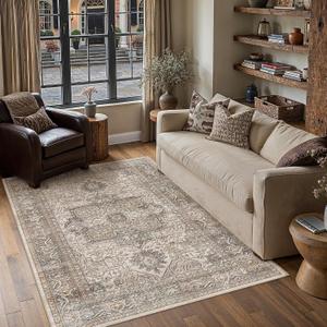 3x5 Washable Vintage Area Rug Brown Oriental Soft Entryway Throw Rug Neutral Non Slip Low Pile Small Carpet for Kitchen Bathroom Living Room Bedroom