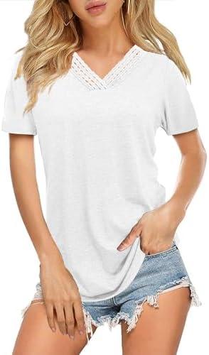 Womens Tops Dressy Casual V Neck Short Sleeve Lace Splice T Shirts Cute Fashion Clothes 2025 Large
