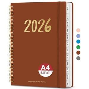2026 Planner - Weekly and Monthly Planner, January 2026 to December 2026, Spiral Bound 2026 Calendar Planner Book, Inner Pocket, Perfect for Office Home School Supplies - A4 (8.5" x 11"), Rust Brown