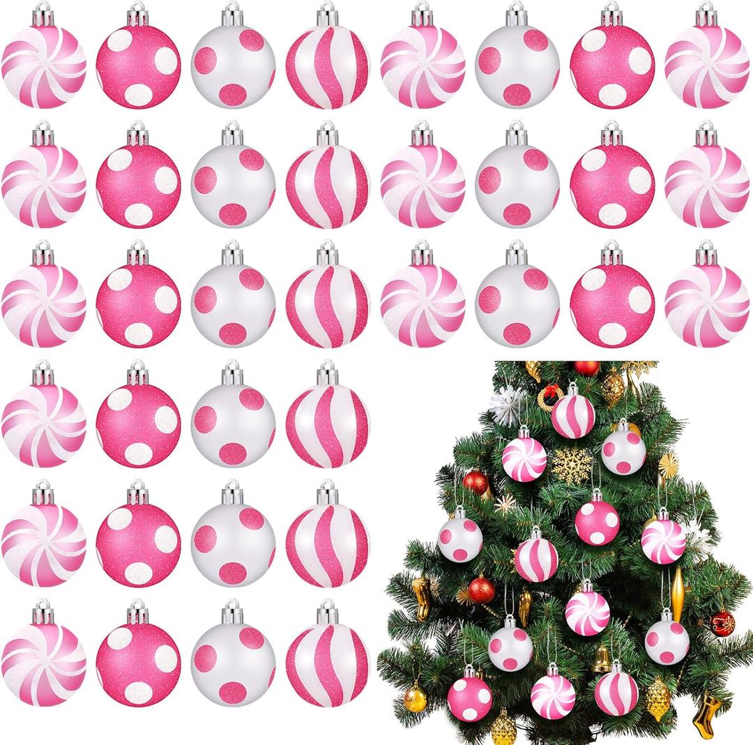 Lenwen 54 Pcs Christmas Balls Ornaments Mini Pink and White Christmas Tree Ornaments Xmas Striped Dots Shatterproof Plastic Hanging Ornaments for Tree Holiday Party Christmas Decorations, 1.18inch