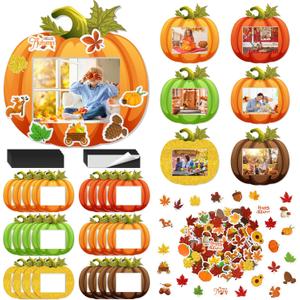 Fovths 24 Pack Fall DIY Foam Picture Frames Craft Kit Thanksgiving Autumn Pumpkin Photo Frame Ornaments with 300 Stickers for Thanksgiving Gifts Holiday Home Party Activities