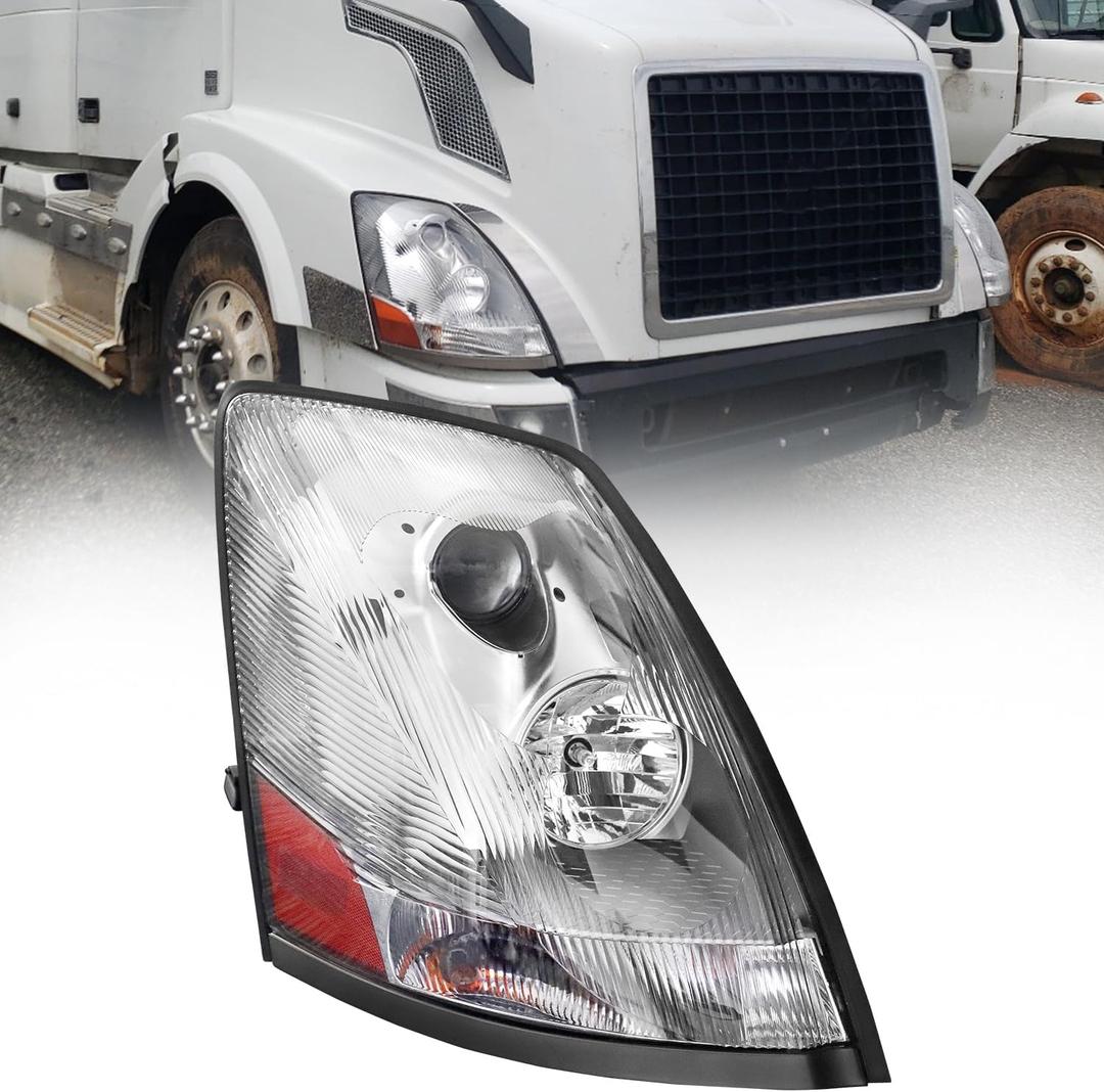 Headlight Assembly Compatible with 2004-2018 Volvo VNL VNM 2004-2015 Volvo VN Halogen, Headlamps Head Light Lamp W/Bulbs Housing Pair (Chrome/Right Side)