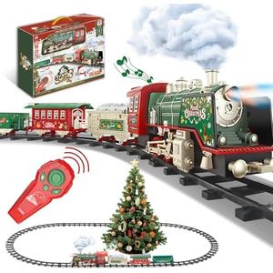JUQU Electric Christmas Train Set for Kids Ages 3-8 – Remote Control Steam Locomotive Toy Train with Smoke, Lights, Sound & Tracks, Christmas Tree Train for Around or Under Tree
