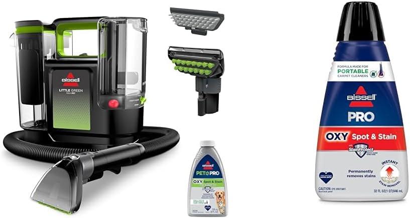 BISSELL Little Green Max Pet SmartMix Portable Carpet and Upholstery Deep Cleaner, 38572 + Bissell Professional Spot and Stain + Oxy Portable Machine Formula, 32 oz, Single, 32 Fl Oz