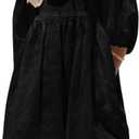 chouyatou Women's Summer Puff Sleeve Cotton Tunic Dress V-Neck Mini Vacation Babydoll Dress (Black, X-Small)