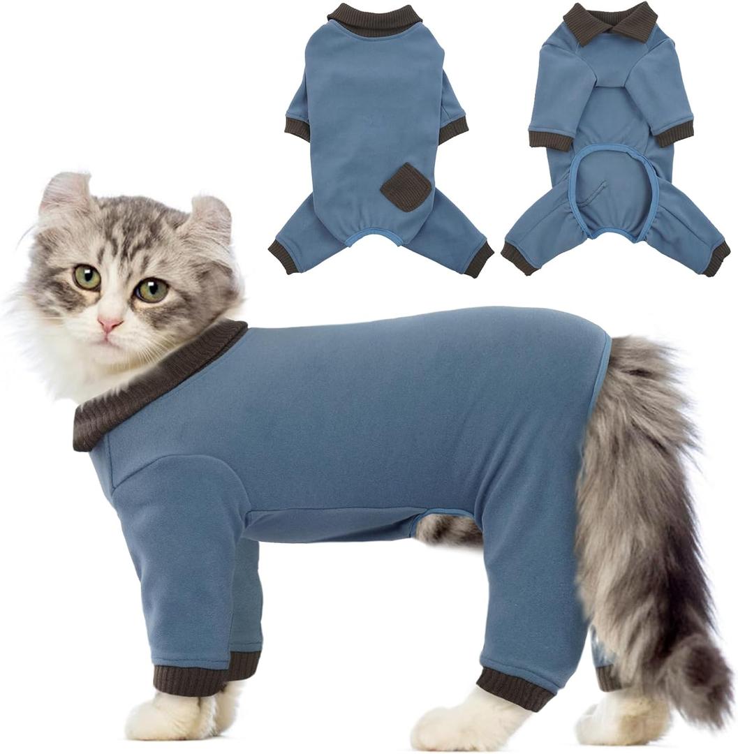 QBLEEV Cat Pajamas for Cats Only, Sticky Hair Cat Clothes, Cat Onesie for Cats After Surgery Female Male, Surgical Cat Recovery Suit Full Bodysuit, Long Sleeve Cat Shirts Outfits to Prevent Licking, Medium, Blue