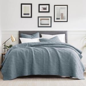 palassio Blue Cotton Quilt King Size Bedding Sets with Pillow Shams, Lightweight Soft Bedspread Coverlet, Quilted Comforter Bed Cover for All Season, 3 Pieces, 106x96 inches (Blue Grey-wave)