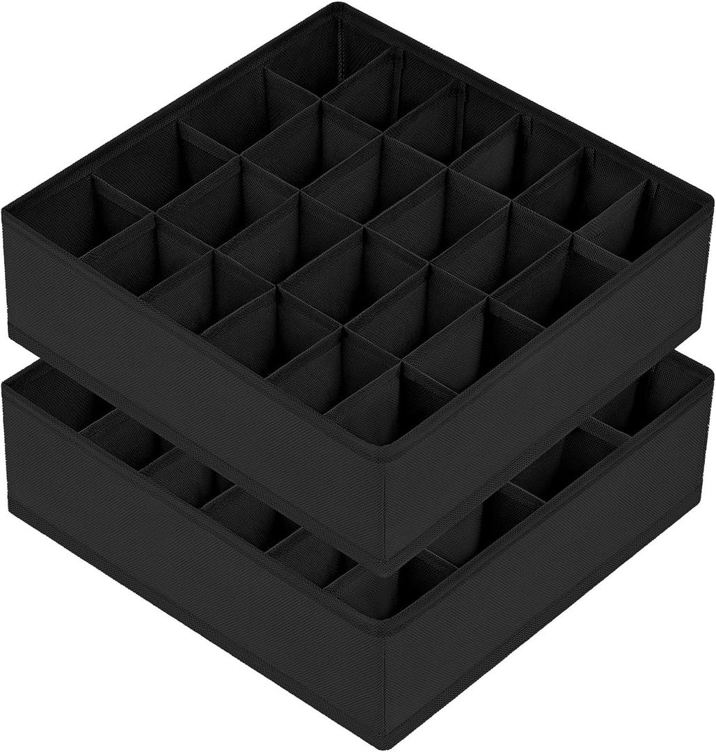 Joyoldelf Sock Drawer Organizer Divider 2 Packs Underwear Organizer, 24 Cell Collapsible Closet Cabinet Organizer Underwear Storage Boxes for Storing Socks, Handkerchiefs, Ties, Belts (Black)