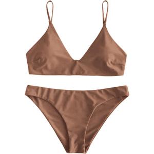 ZAFUL Women's Solid Spaghetti Strap Bralette Bikini Set Two Piece Swimsuit (Large, 1-brown)