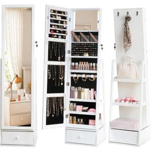 Rotatable Full Length Mirror Jewelry Cabinet Standing With Built-In Mirror - 63.7”H Lockable Jewelry Armoire With Mirror Drawers and 3 Storage Racks Christmas Gift for Wife White