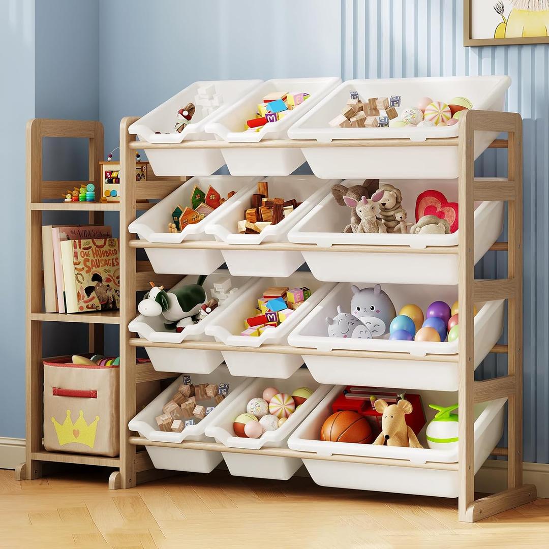 Toy Storage Organizer - Toy Organizers and Storage with Bookshelf, Toy Storage Shelf with 3 Shelves and 12 Storage Bins, Kids Bookshelf and Toy Storage for Kids Room, Playroom, Bedroom, Nursery, White, 42.2 Inches X 11 Inches X 31.5 Inches