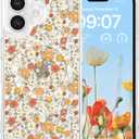 RALEAVO for iPhone 17 Case Compatible with MagSafe Clear Floral Pattern Design Cute for Girls Women Slim Magnetic Hard Back Shockproof Phone Case for iPhone 17,Orange Flowers