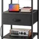 SUPERJARE Night Stand with Charger Station, 27.7 Inch Tall Nightstand with Adjustable Fabric Drawer, Bed Side Table, Fabric Drawer Dresser for Bedroom, Living Room, Black