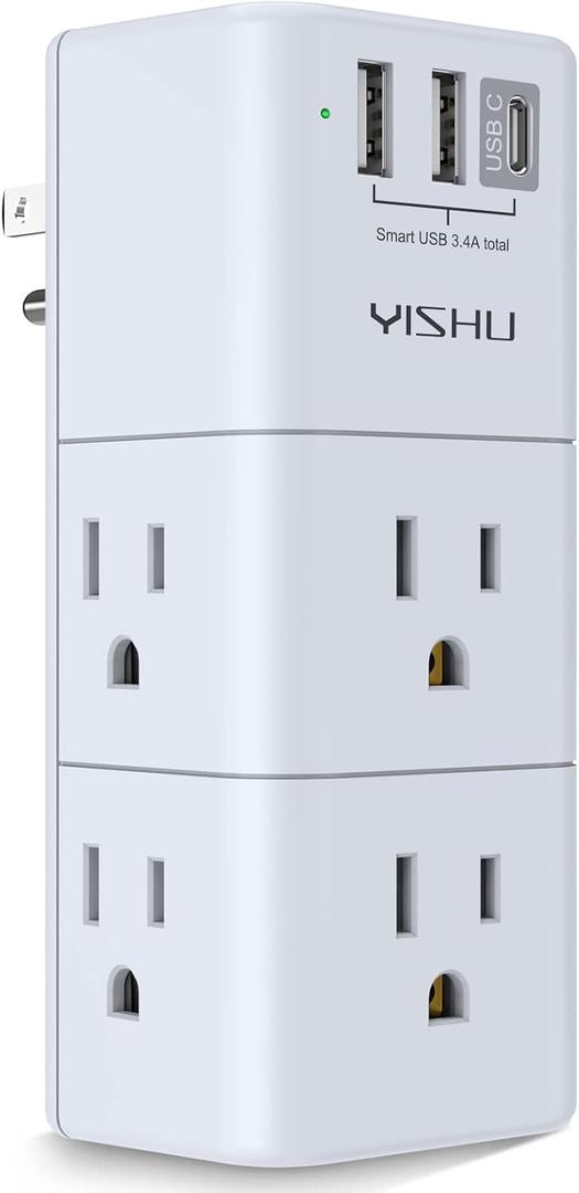 USB Multi Plug Outlet Extender - YISHU Surge Protector with Rotating Plug, 6 AC Plug Extender with 3 USB Ports, 3-Sided Swivel Power Strip Best Ideal Stocking Stuffers for Adults