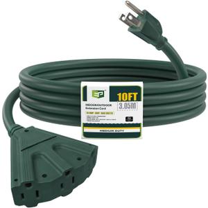 EP 10 Ft Outdoor Extension Cord with 3 Electrical Power Outlets - 16/3 SJTW Green Cable with 3 Prong Grounded Plug for Safety Great for Christmas Lights, Garden and Major Appliances EP 10 Ft Outdoor Extension Cord with 3 Electrical Power Outlets - 16/3 SJTW Green Cable with 3 Prong Grounded Plug for Safety Great for Christmas Lights, Garden and Major Appliances