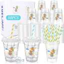 50 Pcs Blue Bear Disposable Plastic Baby Bath Cups with Lids and Straws, 12 oz, Set of 50