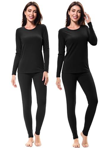 URATOT 2 Sets Women’s Thermal Underwear Set Fleece Lined Thermal Underwear Soft Long Johns Top Bottom Set for Women Cold Winter Black, XXL