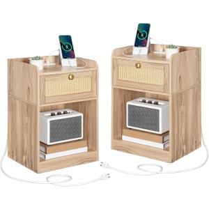 CHOEZON Rattan Nightstands Set of 2 with Charging Station, Boho Nightstand, Rattan Bedside Tables with Drawer, Storage Side Table with 2 USB Ports, Bedroom, Natural MBZ01UP2WO, 15.4"L x 11.3"W x 21.9"H