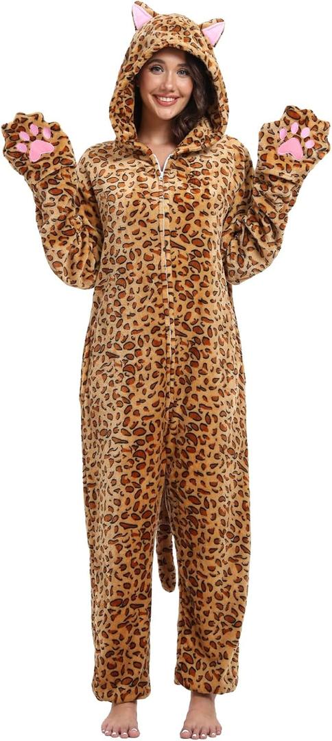 Adult Onesie Pajamas Animal One Piece Costume Halloween Cosplay for Women Men (Medium, Leopard Cat)