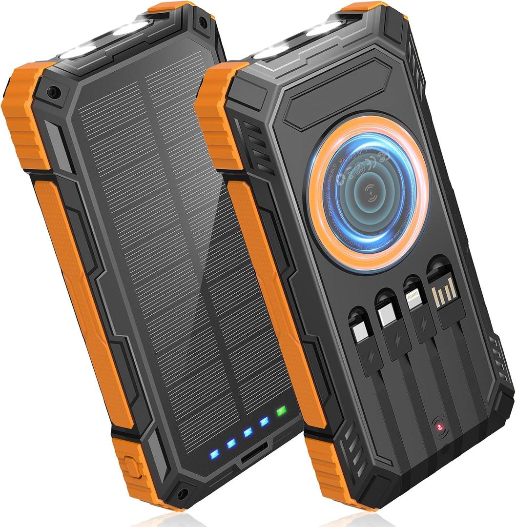 Power Bank Solar Charger,49800mAh Wireless Portable Charger with 4 Built-in Cables,22.5W Fast Charging Battery Pack USB-C in/Output PD+QC3.0 Portable Power Bank for All Cell Phones (Dark Orange)