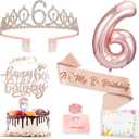 6th Birthday Decorations for Girls, Including 6 year old Birthday Cake Topper, Queen Sash with Pearl Pin, Sweet Rhinestone Tiara Crown, Number Candles and Balloons Set, Rose Gold