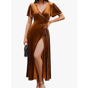 Simplee Women's Formal V Neck Wrap Short Sleeve Velvet Maxi Dress Elegant Bell Sleeve Slit Party Long Dresses, Size S