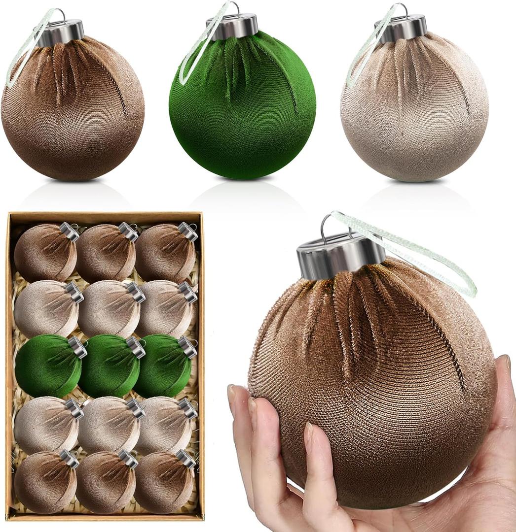 Christmas Tree Ornaments Velvet Ball - Xmas Tree Decorations Balls, Shatterproof Christmas Bulbs Decorations Set, Multicolor Green Brown Neutral, 80MM 3.15 Inch (15PCS)