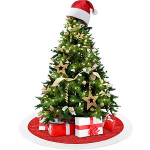 2 Pieces 32 Inch Christmas Red Glitter Tree Skirt and Santa Hat Tree Topper Elegant Washable Xams Skirt for Christmas Decoration Winter Holiday Party Supplies