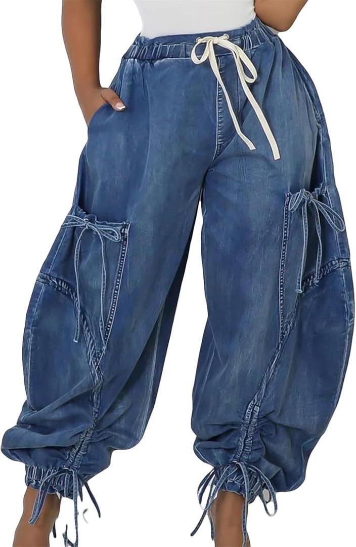 Cargo Jeans for Women High Waisted Drawstring Baggy Jogger Pants Loose Fit Denim Pant Sweatpants (X-Large, 1-blue)