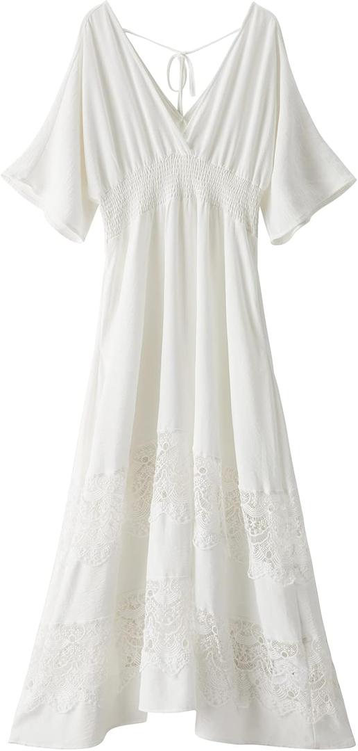 Olaesa Women's Lace Maxi Dress Short Sleeve V Neck Party Dress Smocked Waist Boho Maxi Dress Bohemian Dress for Women (Large, White)