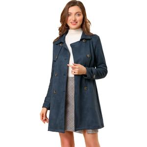 Allegra K Women's Faux Suede Trench Coat Notched Lapel Double Breasted Jacket with Belt (Medium)