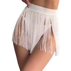 Women's High Waist Fringe Trim Party Mini Skirt (Large, White)