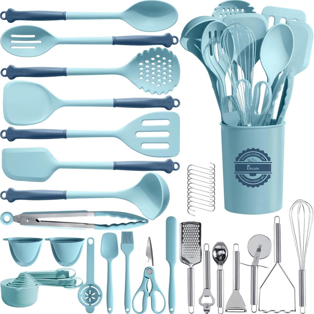 Kikcoin 43Pcs Large Kitchen Utensils Set - Silicone Cooking Utensils Set, Dishwasher Safe Spatula Set for Non-stick Cookware, 446°F Heat Resistant Kitchen Utensils Set with Holder BPA Free, Blue