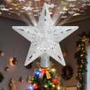 Christmas Tree Topper Star Lighted with 32.8ft Breathing Flickering Light Cord & 6 LED Projection Modes, Silver Christmas Star Topper for Indoor Xmas Holiday Tree Decoration