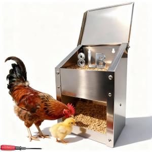 Automatic Chicken Feeder 8Lbs - Stainless Steel Poultry Feeder - Small Chicken Feeder with Lid, Wall Mount Feeder for Chickens Ducks Goose Poultry Small Animal Outdoor (Silver)