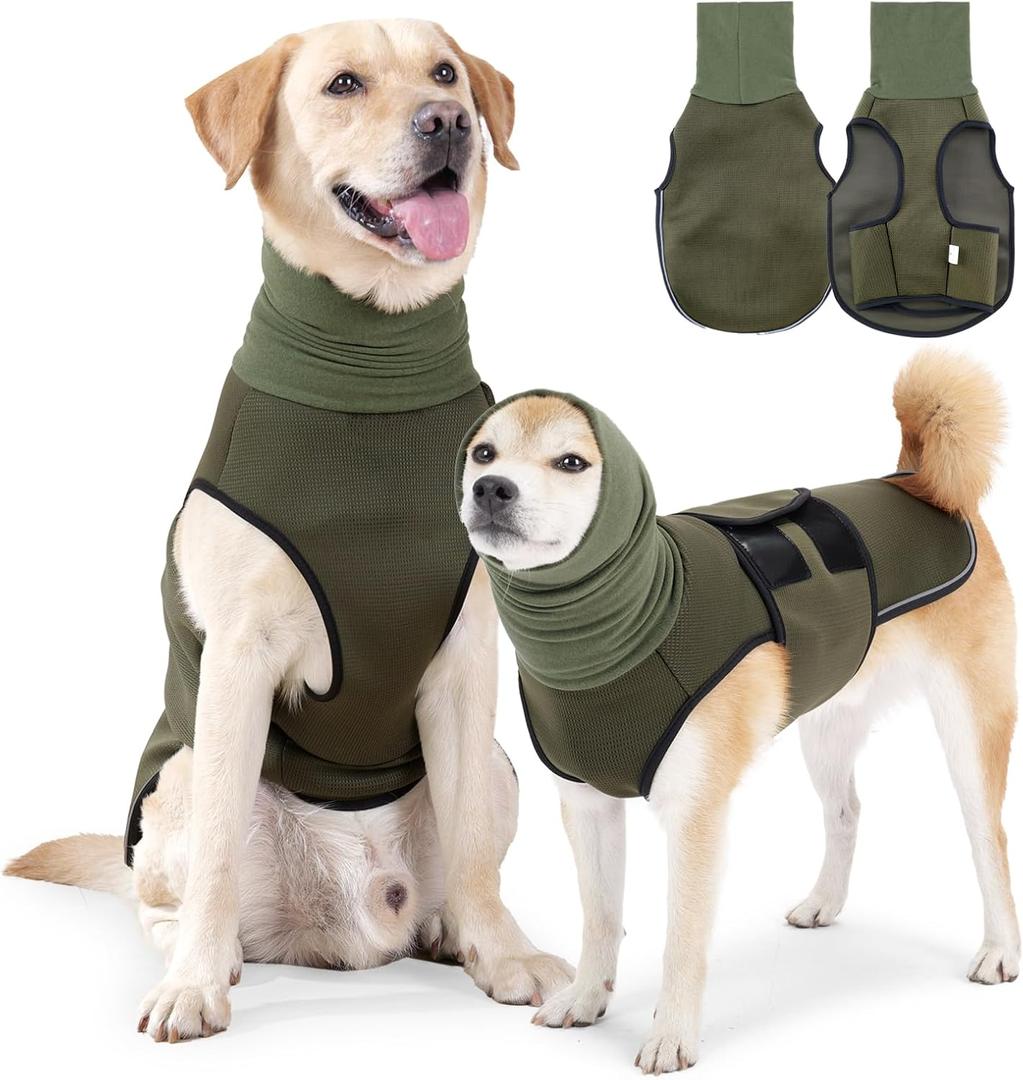 Dog Anxiety Jacket, Dog Shirt with Turtleneck, Breathable Calming Vest, Indoor and Outdoor Separated Pet Jacket (Military Green, Large) (Large(Chest:20"-24"))