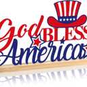3 x Roowest Metal God Bless America Table Decor with Wooden Base Patriotic 4th of July Tabletop Centerpiece Sign Rustic Independence Day Tiered Tray Decoration for Home Memorial Day Veterans USA Party, 6.18 x 11.81 inches