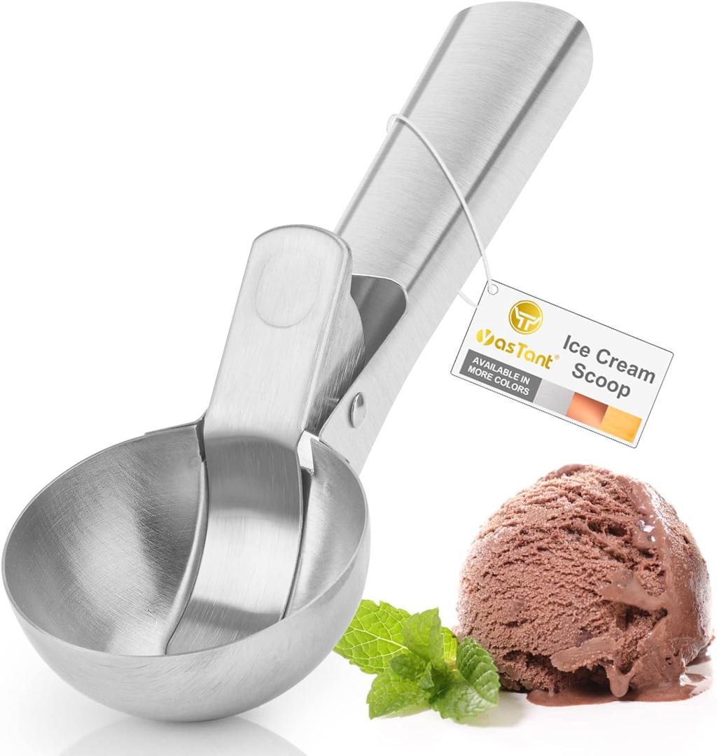 Premium Ice Cream Scoop with Trigger Ice Cream Scooper Stainless Steel, Heavy Duty Metal Icecream Scoop Spoon Dishwasher Safe, Perfect for Frozen Yogurt, Gelatos, Sundaes, Large Silver (Large, Silver)