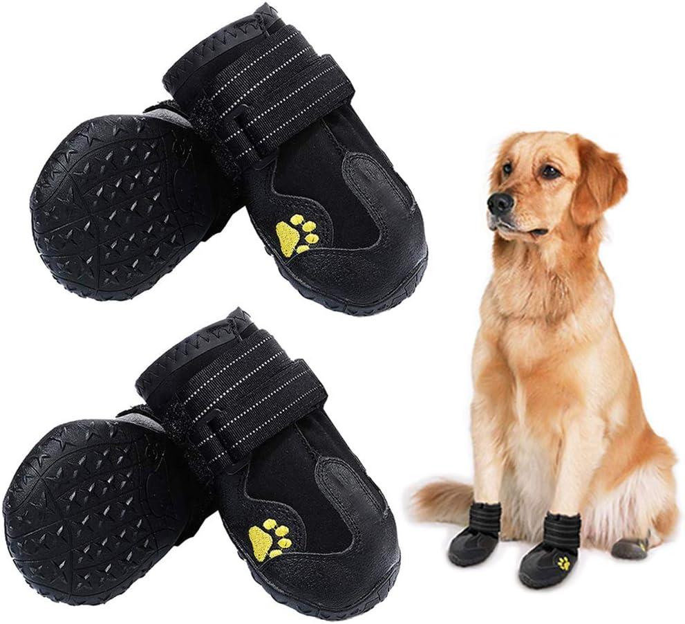 Waterproof Dog Boots, Dog Outdoor Shoes, Pet Rain Boots, Running Shoes for Medium to Large Dogs with Two Reflective Fastening Straps and Rugged Anti-Slip Sole (2.76" x2.56", Black 4PCS).