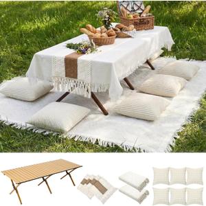 Novabright 10 Pcs Boho Picnic Kit Folding Picnic Table 59'' x 20.5'' Extra Large Outdoor Boho Blanket 91'' x 71'' Beige White Table Runner Pillow Cover Woven Cotton Oversize Washable for Camp Wedding