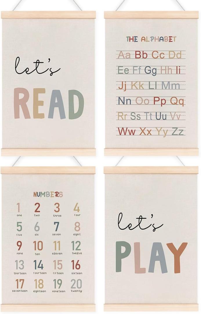 laveliabel Alphabet Numbers Poster Hanger Frame Set of 4, Alphabet ABC Banner Poster with Wood Hanger, Nursery Kids Playroom Wall Decor, Play Sign Wall Art Decor for Toddler Nursery Playroom, 12x16in (let read)