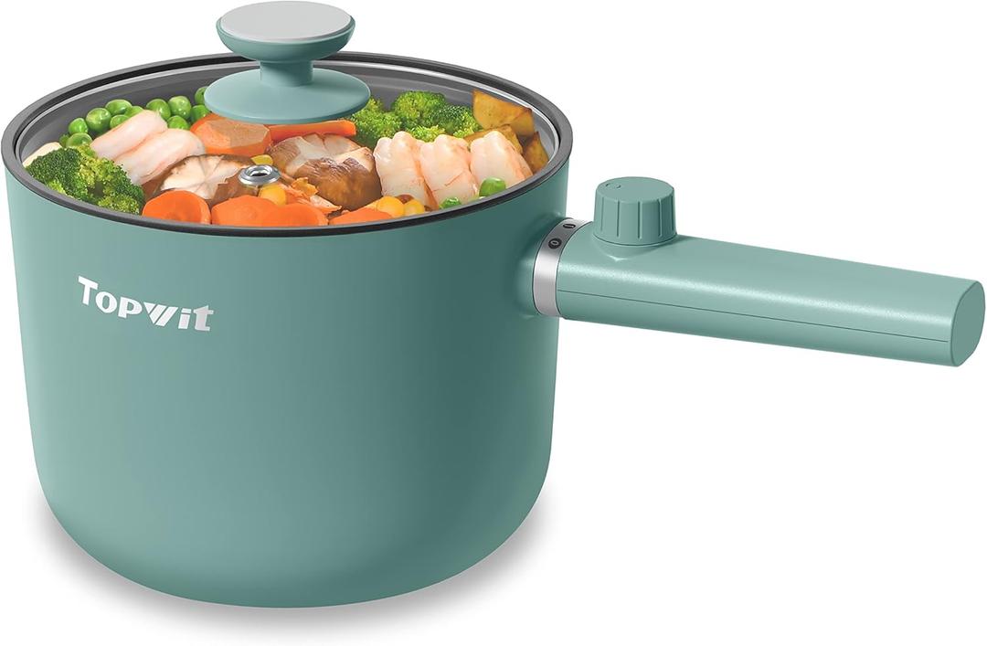 Topwit Hot Pot Electric, 1.5L Ramen Cooker, Non-Stick Frying Pan, Electric Pot for Pasta, Steak, BPA Free, Dual Power Control, Over-Heating & Boil Dry Protection, Green (1.6 Quarts)