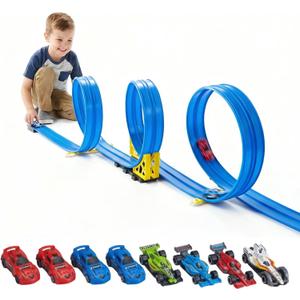 16.5 Ft Flexible Race Track with Support Compatible with Hot Wheels 1/64 Cars, Toddle Kids Toys Christmas Birthday Gifts Party Favors for Boys Girls Grandkids Age 2 3 4 5 6 7 8 (Blue)