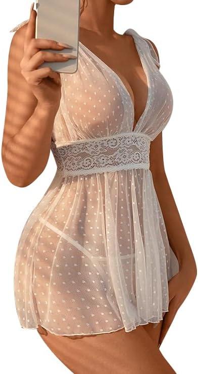 Women's 2 Piece Polka Dots Lace Sheer Mesh V Neck Babydoll Teddy Lingerie Set (White, S)
