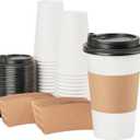 RACETOP Disposabe Coffee Cups with Lids and Sleeves 16 oz 50 Pack, Hot Paper Coffee Cups with Lids, To Go Cup with Lid, Ideal for To Go Coffee, Travel, Office, Home (White)