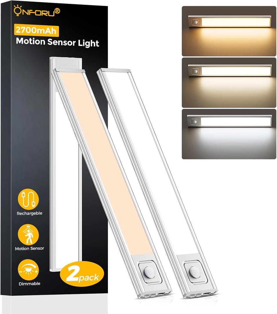Onforu 13.8" Under Cabinet Lighting, 2700mAh USB-C Rechargeable, Motion Sensor Under Cabinet Lights with 3 Color & Dimmable, Magnetic Under Counter Lights for Kitchen, Closet, 2 Pack