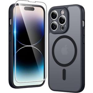 FNTCASE for iPhone 14 Pro-Max Case: Matte Magnetic Phone Cases with Screen Protector Compatible with Magsafe Slim Anti Yellowing Rugged Shockproof Protective Translucent Cell Cover (C-Black)