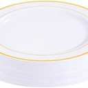 bUCLA 30PCS White and Gold Plastic Dinner Plates Disposable - 10.25inch Premium White Gold Rim Weddings and Party Plates