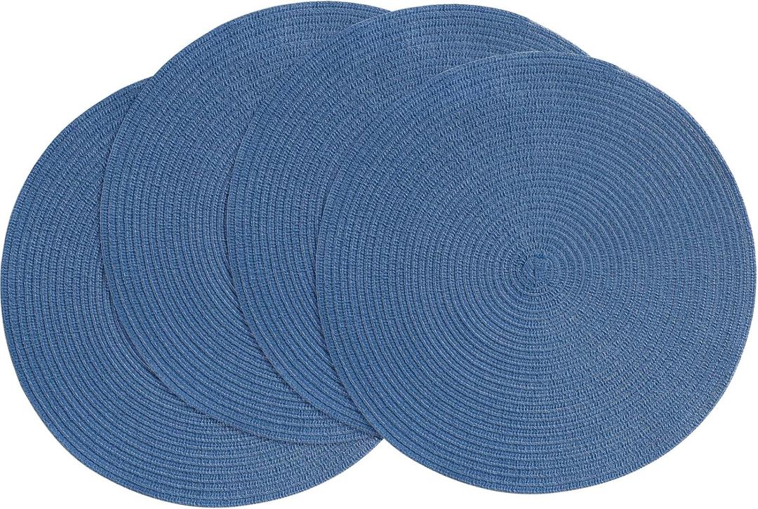 Floroom 15 Inch Round Braided Placemats Set of 4, Washable Heat Resistant Cotton Polyester Circle Place Mats for Kitchen Dining Table - Sail Blue