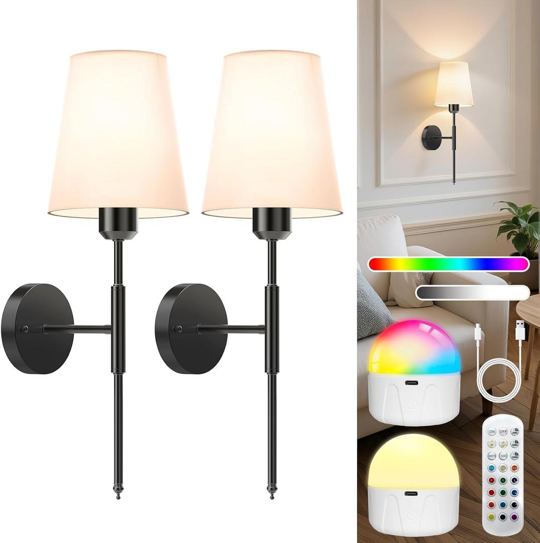 20 inch Battery Operated Wall Sconces Set of 2, Wireless Wall Lights with Rechargeable Bulbs & Remote, 15 Colors & Dimmable, Battery Powered Wall Lights for Bedroom, Living Room, Hallway, Black